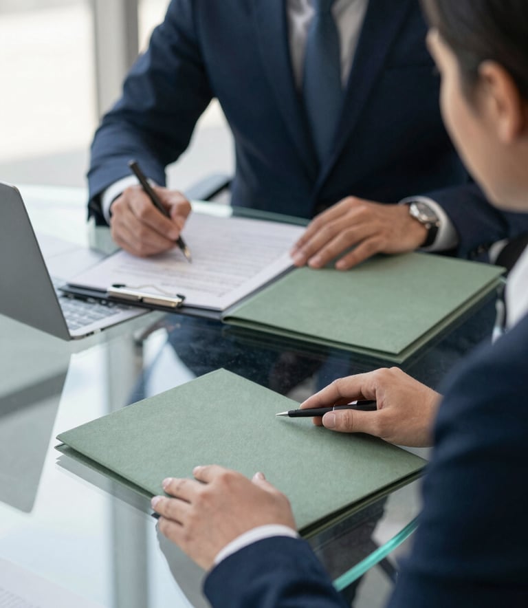 A close-up photograph of a professional meeting between consultants and a client in a bright North American / US office, featuring a clean glass table, forest sage colored folders, and professional attire.
