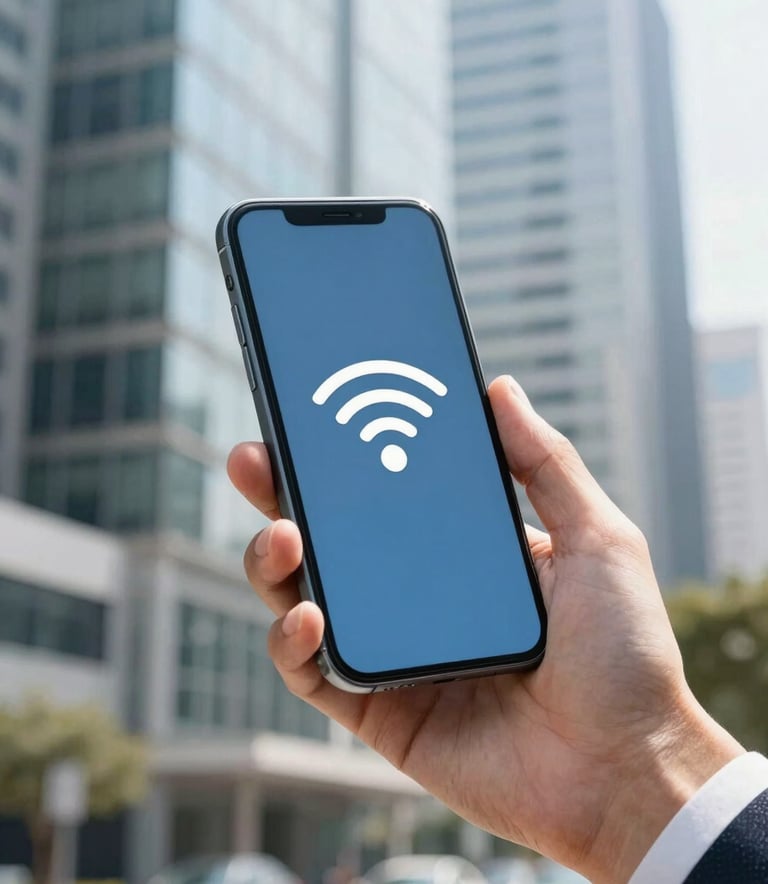 A professional setting in a modern South African business district. A person is holding a smartphone with a high-speed connection icon, with glass architecture and soft white sunlight in the background. Clean, professional, and sophisticated.