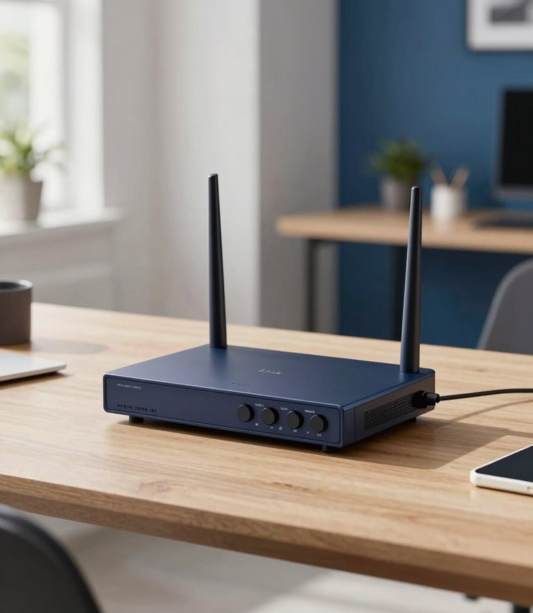 A sleek, modern LTE router placed on a minimalist wooden desk in a bright, sunlit Southern African home office. Professional photography, sharp focus, with soft white and deep blue tones in the background. High-tech and reliable atmosphere.