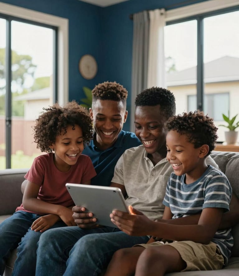 A family in a Southern African suburban home, sharing a digital tablet and laughing together in a bright, modern living room with deep blue accents and large windows.
