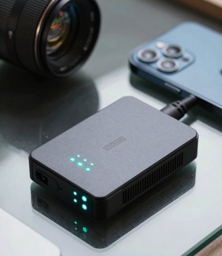 A close-up photograph of a sleek, professional LTE modem with glowing teal indicator lights, placed next to a modern smartphone on a glass desk in South Africa.