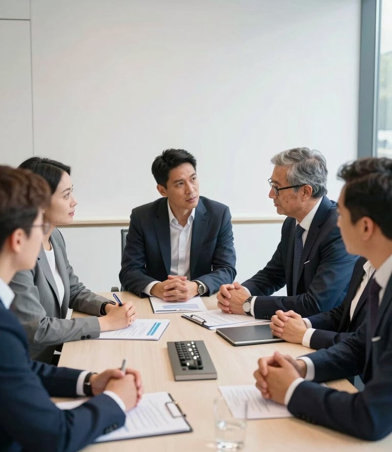 A collaborative strategy meeting in a modern British boardroom. Professionals in smart-casual attire are discussing a brand plan. The lighting is bright and natural, emphasizing a trustworthy and efficient mood. Ghost White and Steel Blue palette.