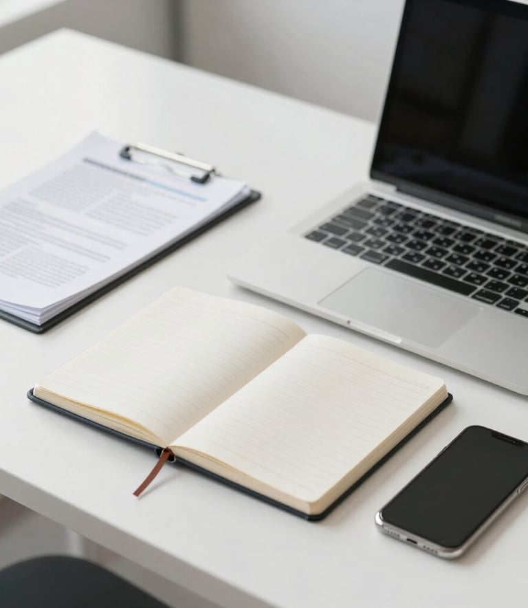 A top-down view of a professional tablet showing a modern website mockup, resting on a light grey stone table next to a steaming cup of coffee in a British cafe setting.
