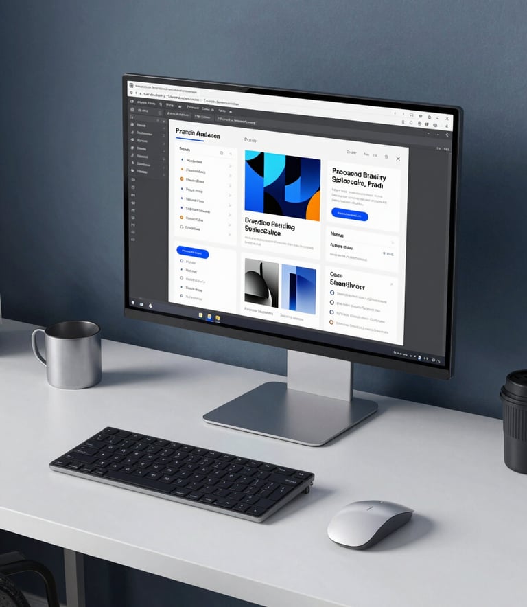 A clean, organized desk in a London home office with a high-end monitor displaying a professional branding style guide. The lighting is soft and natural, featuring muted blue and silver accents in the furniture and tech gadgets.