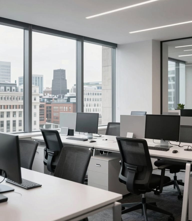 A high-end, minimalist office interior in London. Large windows reveal a city view, with clean white desks and ergonomic furniture. A professional atmosphere with subtle Charcoal and Silver color accents. Northern European / British setting.