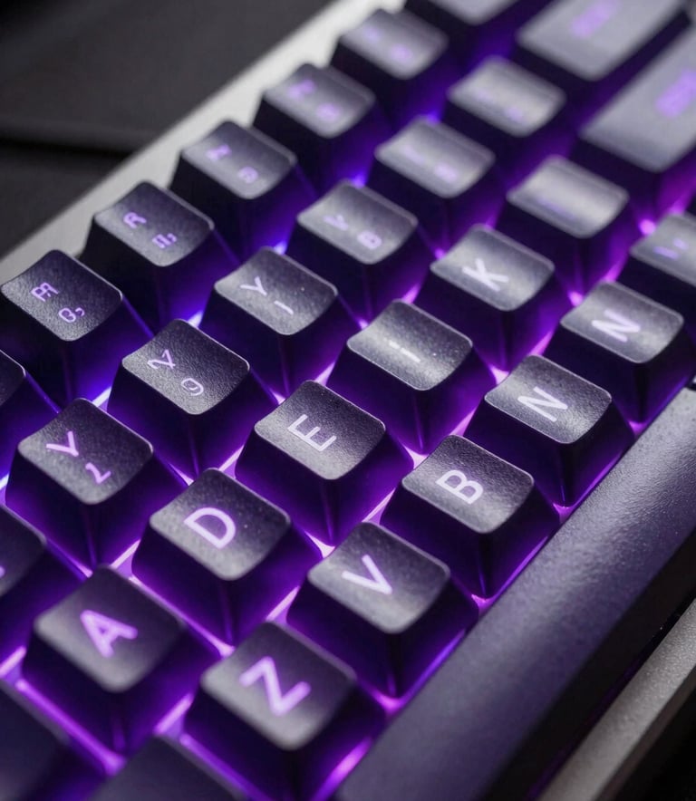 Macro photography of a high-end mechanical keyboard. The keys are dark, with crisp silver-white lettering and vibrant electric purple light glowing from beneath the keys. Bokeh background of a dark studio.