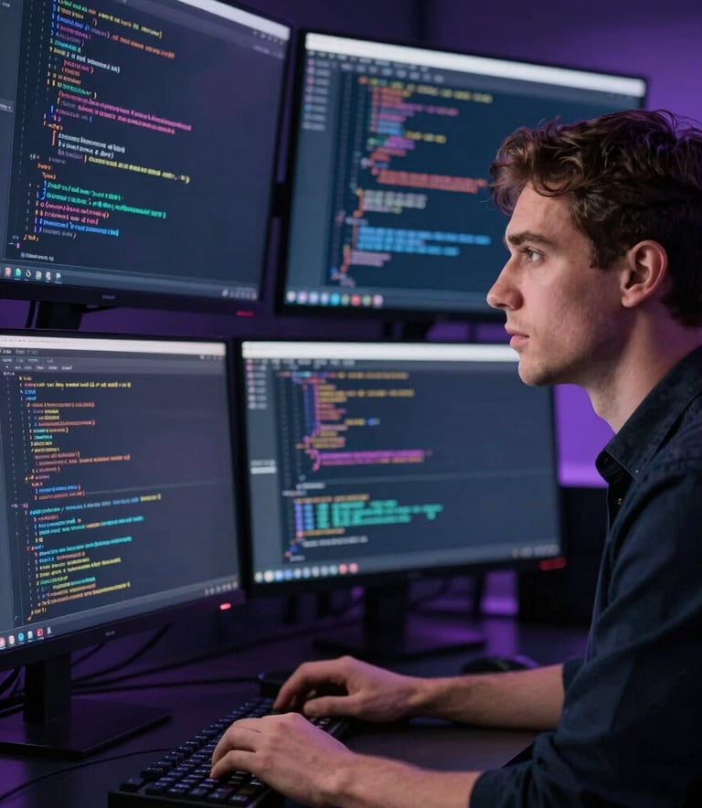 A portrait of a professional software architect looking at large monitors reflecting lines of code, styled with a sophisticated cinematic look, featuring deep navy shadows and soft electric purple highlights.