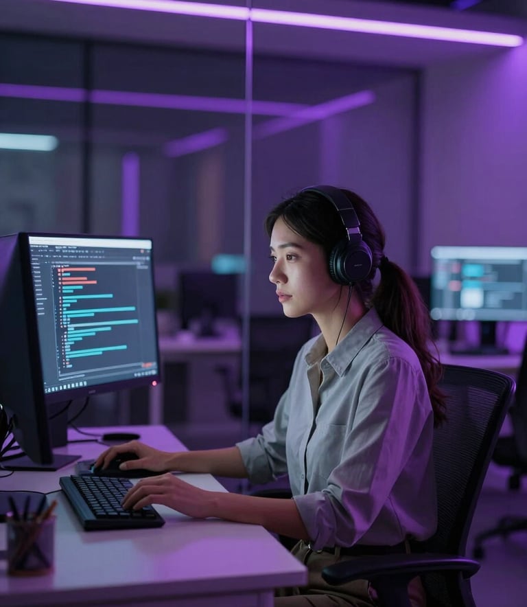 A medium shot of a focused female software engineer sitting in a dimly lit, futuristic office. Ambient electric purple lighting reflects off glass surfaces.
