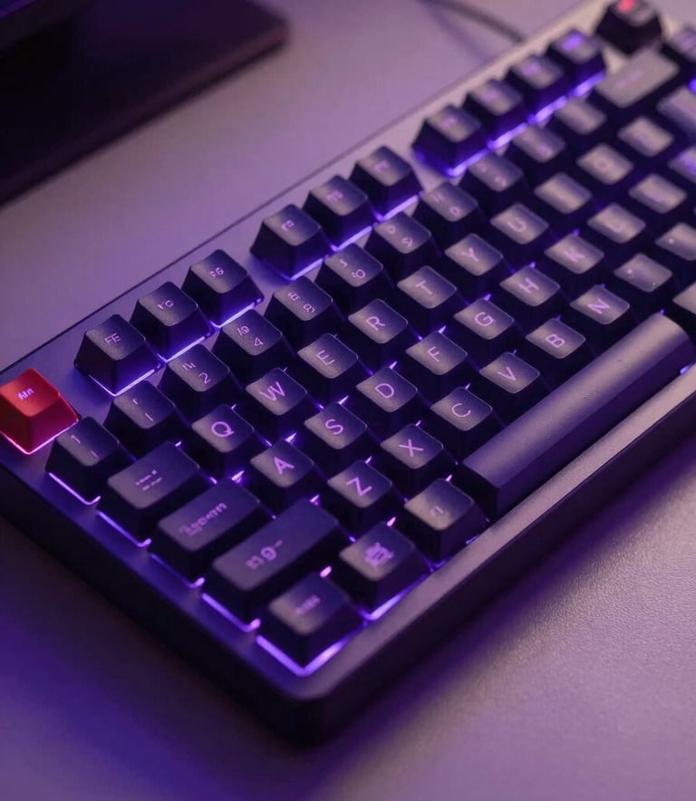 A close-up photograph of a sleek mechanical keyboard on a minimalist desk, illuminated by vibrant electric purple and deep navy ambient lighting, suggesting a high-tech coding environment.