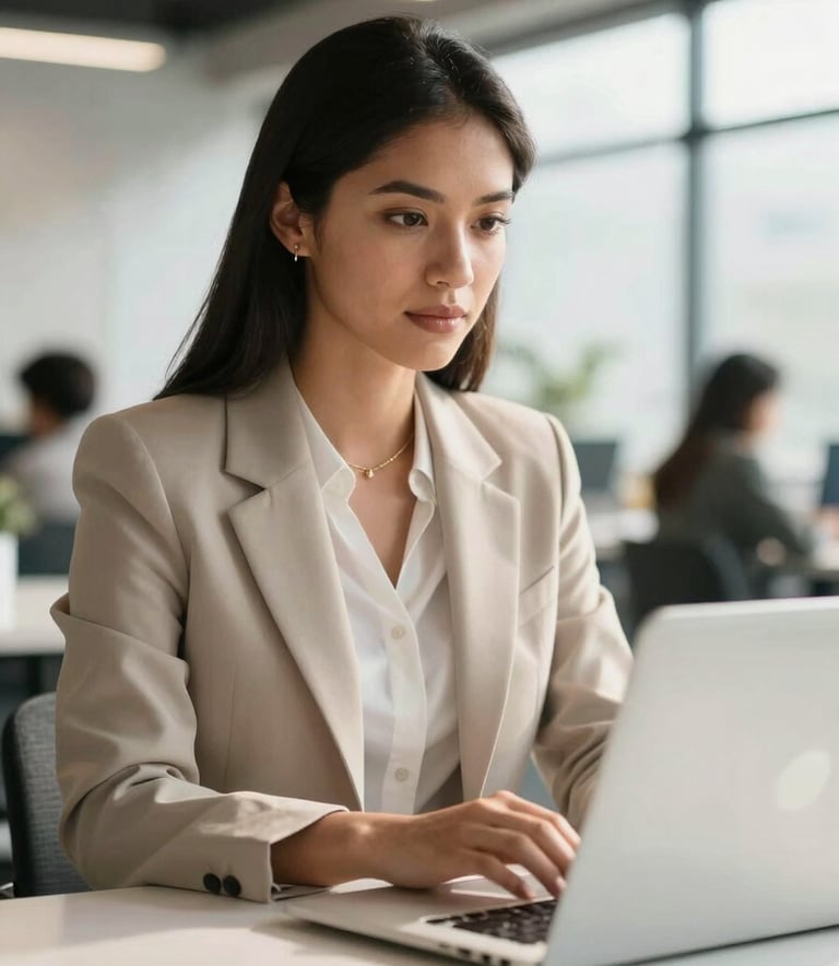 A South American professional woman looking confidently at a laptop screen in a modern, bright coworking space. Soft morning light, professional attire, clean desk with an off-white aesthetic. High-resolution photography.
