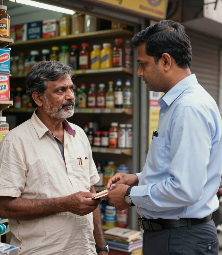 A South Asian / Indian man showing his small retail shop to a bank official, professional interaction, Varanasi street context, cinematic lighting, photography.