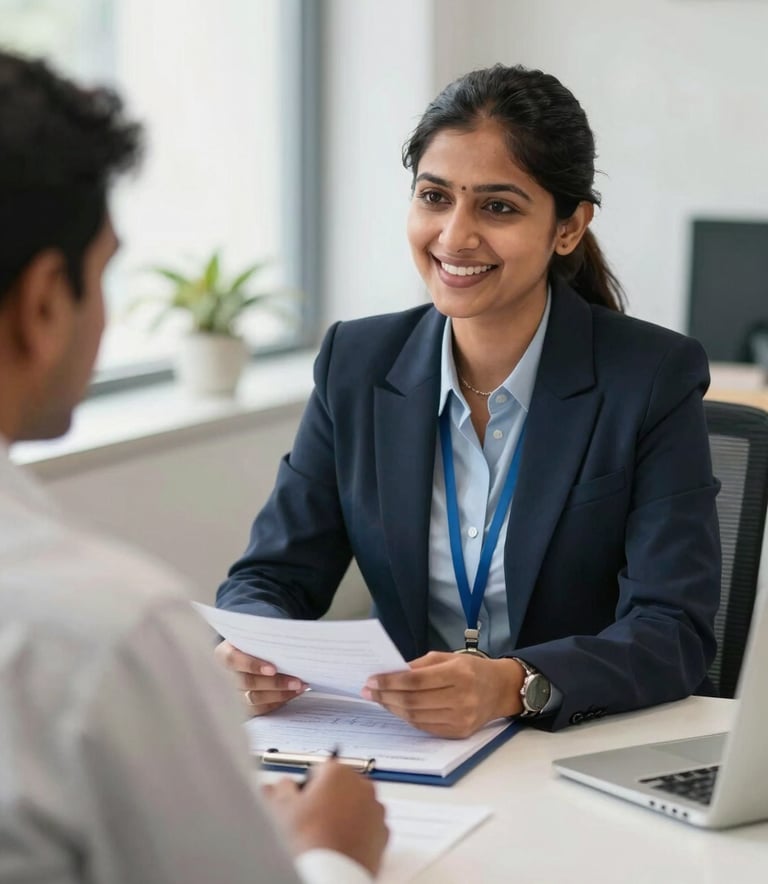 A professional South Asian / Indian woman bank officer in smart business attire sitting across from a local community member, discussing financial planning with a friendly smile. Bright, professional office setting in Varanasi with soft natural light.