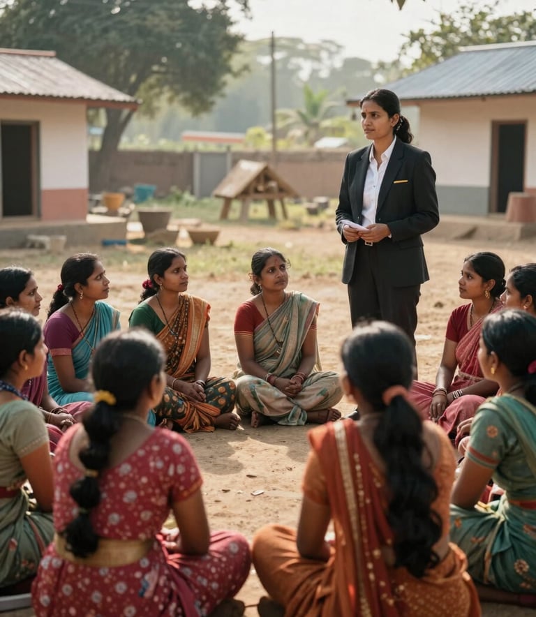 A group of South Asian / Indian women in a rural village setting, sitting together for a community meeting with a professional microfinance facilitator, outdoor morning light, natural atmosphere.