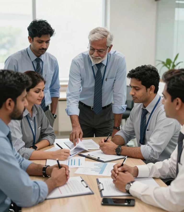A group of smart, professional bank staff in a bright office in Uttar Pradesh, South Asian / Indian setting, engaged in a collaborative finance planning meeting. The scene is professional, approachable, and warm.