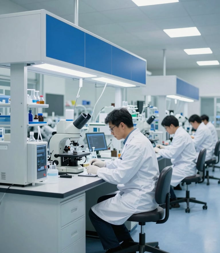 A wide-angle shot of a state-of-the-art North American pharmaceutical research facility. A scientist in a crisp white lab coat works at a modern station with light blue and dark blue accents. The lighting is bright and clean, conveying innovation and scientific precision.