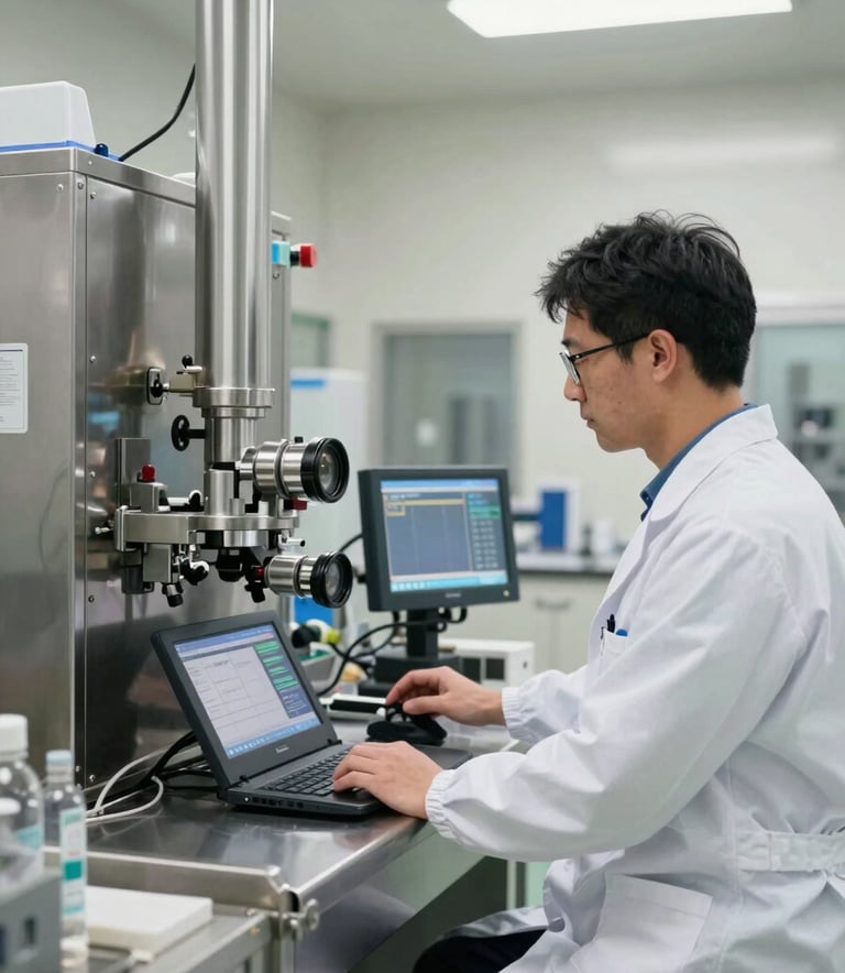 A clean, high-tech pharmaceutical manufacturing suite in a North American facility, featuring stainless steel equipment and a professional technician in a white lab coat monitoring digital screens, lit with bright off-white and soft light blue tones.