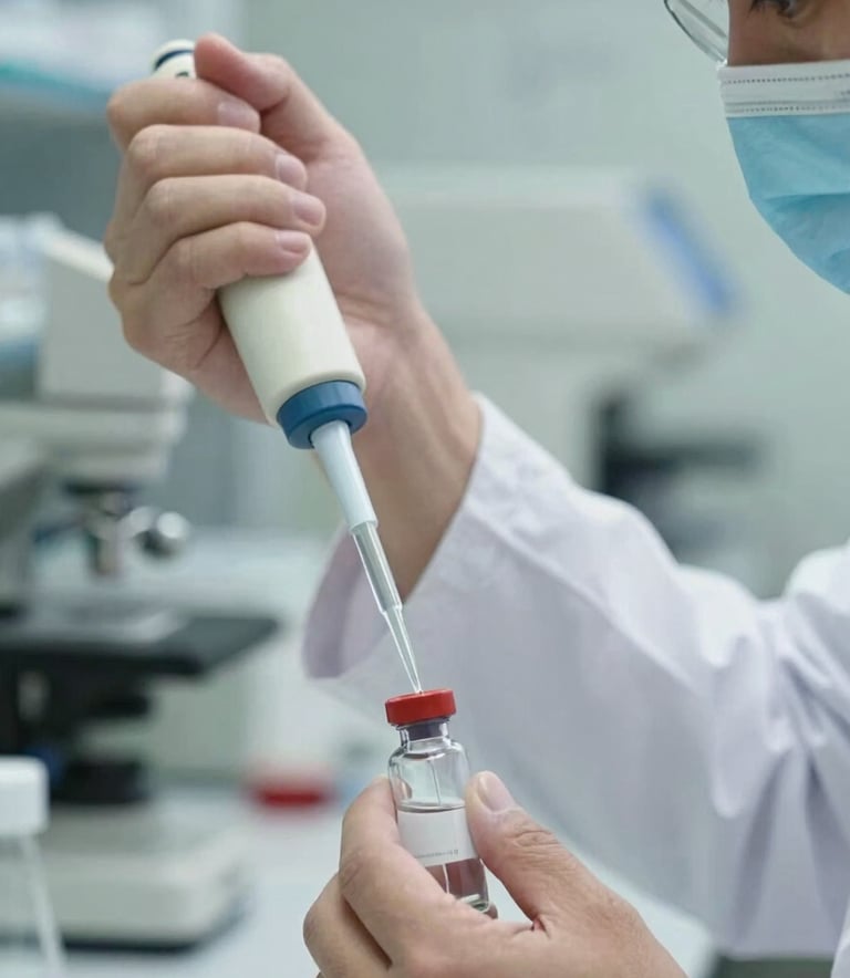 A close-up of a professional researcher in a North American clinic using a pipette to transfer liquid into a glass vial, soft focus on a background of light blue and off-white laboratory equipment, conveying scientific rigor.