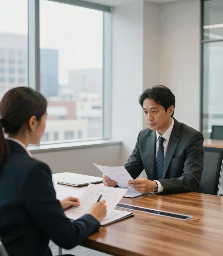 A professional North American business meeting in a bright, modern conference room. Two individuals sit at a polished wooden table discussing financial documents. Large windows in the background show a clean cityscape. The atmosphere is focused and trustworthy, with accents of light blue-grey and off-white in the decor.