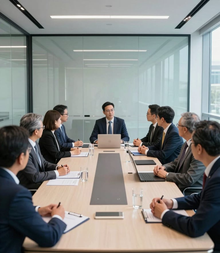 A wide shot of a modern, professional boardroom meeting in a North American / US financial center. Professionals in business attire are engaged in conversation. The room features clean lines, glass walls, and a palette of Navy and Light Blue-Grey.