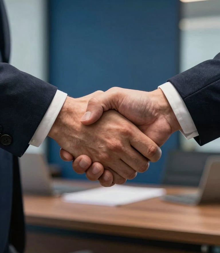 A close-up photograph of a professional handshake between two business partners in a high-end North American office. The focus is sharp on the hands, with a soft-focus background of a deep blue wall and a professional desk set. The lighting is warm and fosters confidence.