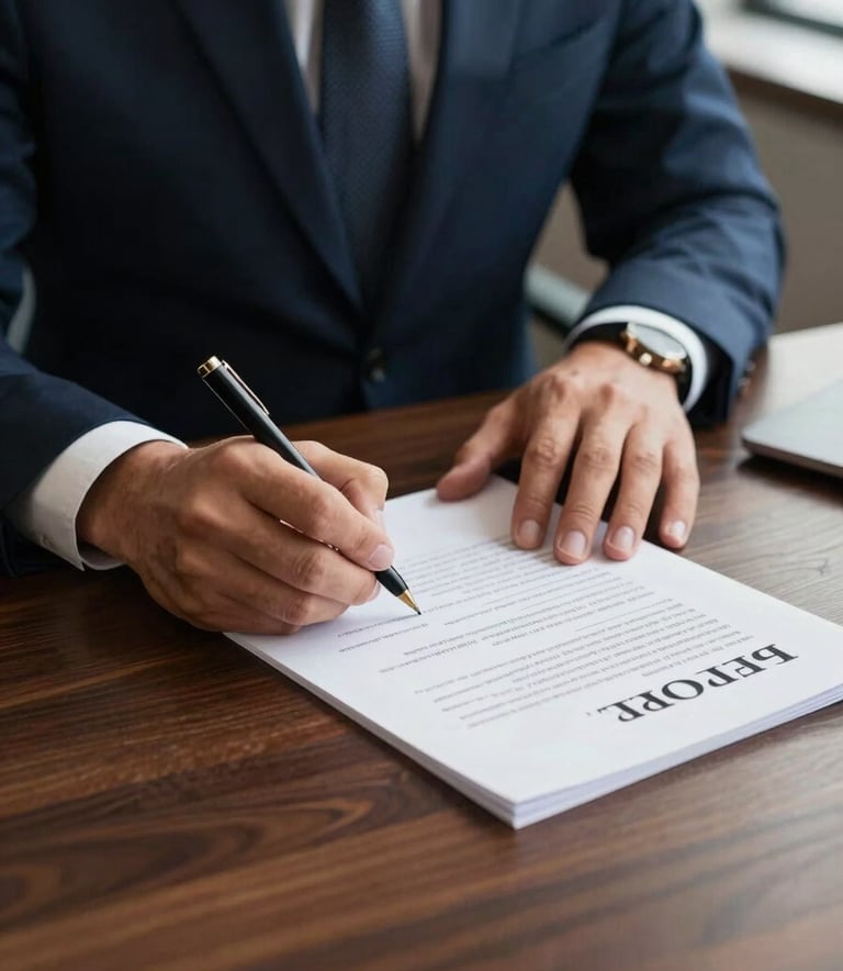 A close-up of professional business hands signing documents on a dark wood table in a high-rise office in Spokane, North American / US. Soft natural light highlights the sophisticated atmosphere. Palette includes Navy and Off-White.
