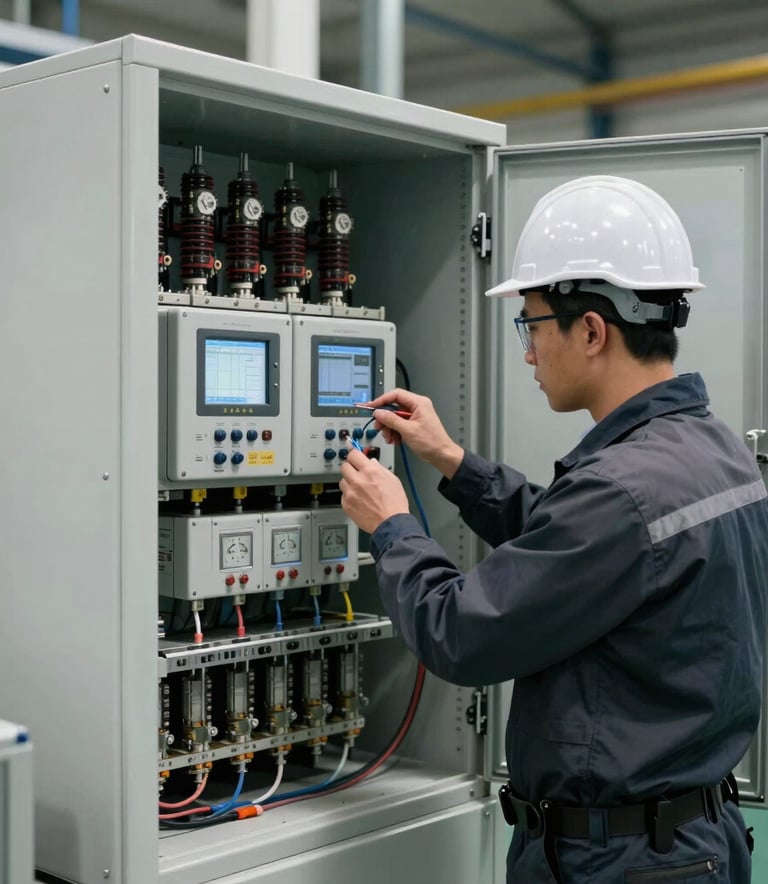 A professional electrical engineer in a North American industrial setting performing testing on a large power distribution unit. The composition is a medium shot showing high-tech testing equipment with digital readouts. The atmosphere is focused and safe, with off-white and grey machinery.