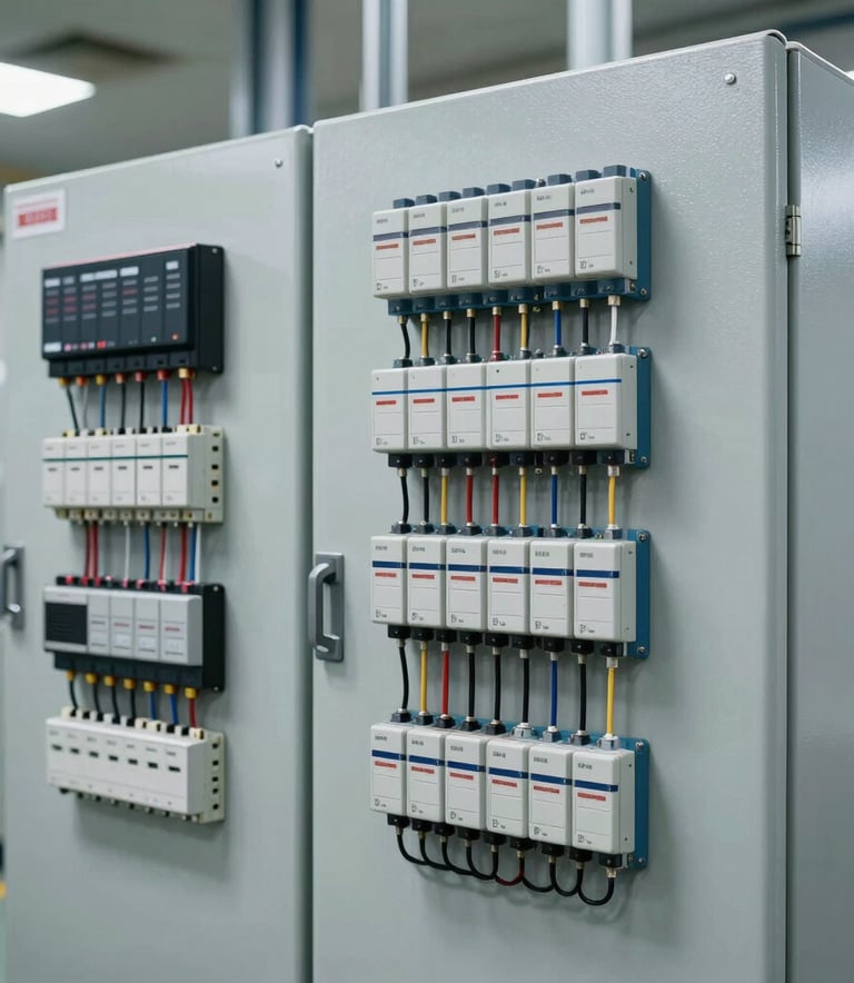 A clean, high-tech industrial control panel with complex PLC wiring and neatly organized components. The lighting is bright and professional, typical of a modern North American industrial automation facility, using grey and light blue colors.