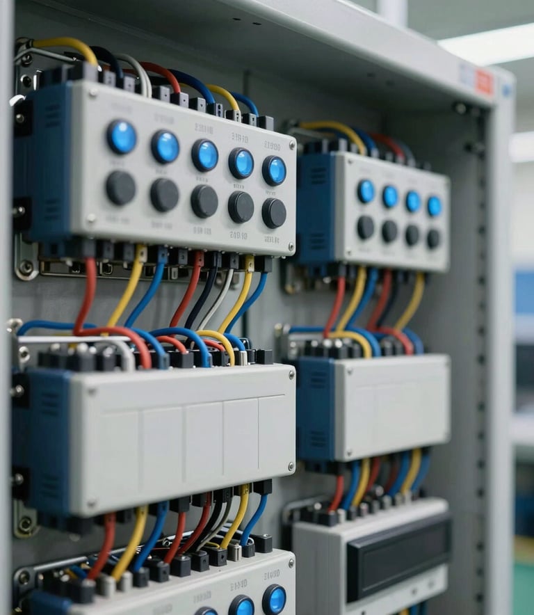Close-up detail of a professionally organized industrial PLC control panel. The wiring is neatly arranged, showing precision engineering. The background is a clean, modern manufacturing setting in the US. Colors include light blue indicators and dark blue metallic housing.