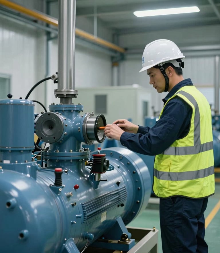 A professional technician in a safety vest and hardhat inspecting a large industrial air compressor system in a clean, modern North American manufacturing facility. The scene is lit with cool, bright lighting emphasizing precision and efficiency, featuring a palette of blue and grey.