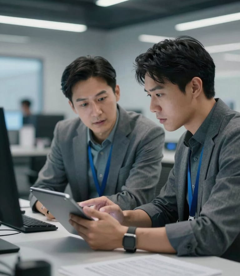 An action shot of two professionals in a high-tech North American workspace discussing a project over a tablet. The style is cinematic and fast-paced, with motion blur on the background to convey a sense of movement and speed, using soft grays and strong blue highlights.