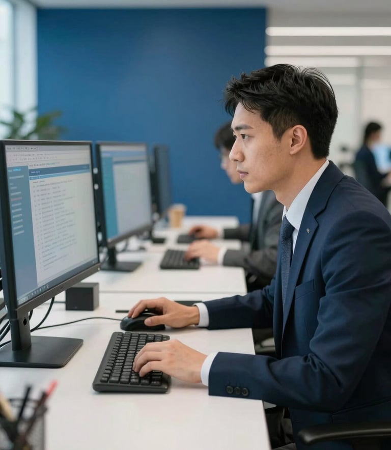 A professional recruiter in a modern North American tech-firm setting, working intently at a clean, white desk with multiple monitors showing blurred data. The style is bright and airy with deep blue and medium grey corporate accents, emphasizing speed and modern innovation.