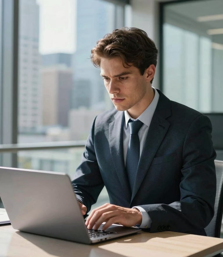 A focused North American recruiter in a modern, sun-drenched glass office, looking at a laptop with a professional and determined expression. The composition is a medium shot with a blurred city background, emphasizing speed and professional focus using deep charcoal and bright blue accents.