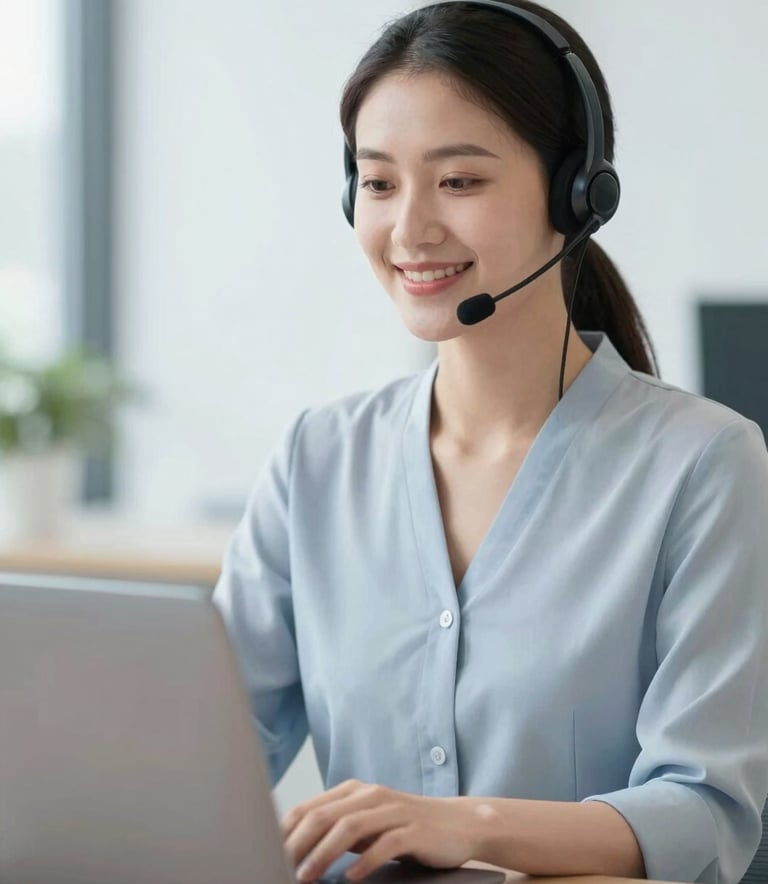 A high-quality photo of a friendly female customer service agent wearing a professional headset, smiling softly while working on a laptop. The lighting is bright and natural, incorporating tones of #A0AEC0 and #F7FAFC for a clean, modern look.