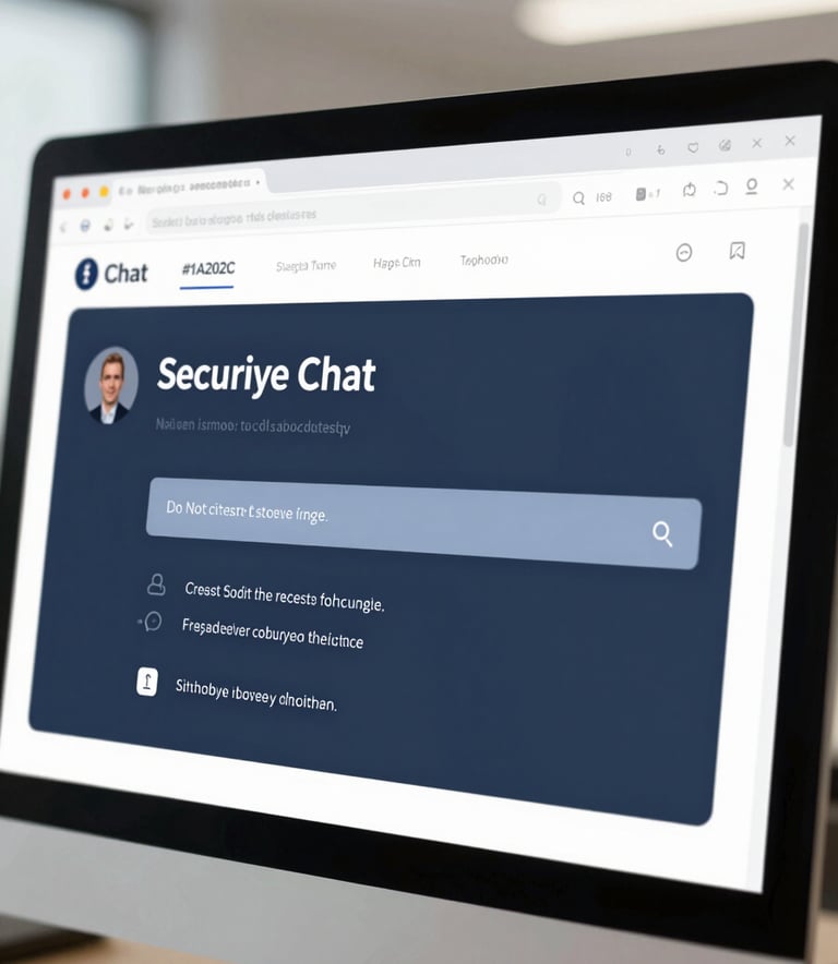 A close-up of a professional computer screen showing a secure chat interface, with a clean and modern office background in the soft blur. The color palette features #1A202C and #A0AEC0, creating an efficient and trustworthy atmosphere.