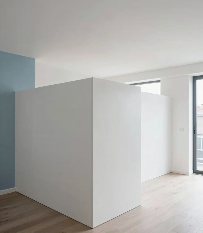 A wide shot of a modern, bright apartment interior in the Netherlands with newly installed white partition walls and ceilings, professional photography, crisp clean lighting, soft blue accents.