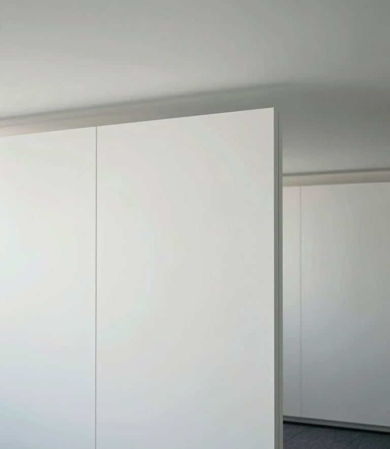 Photography of a finished, minimalist white ceiling and partition wall in a modern office space in South Holland. Soft, natural lighting, professional and clean aesthetic.