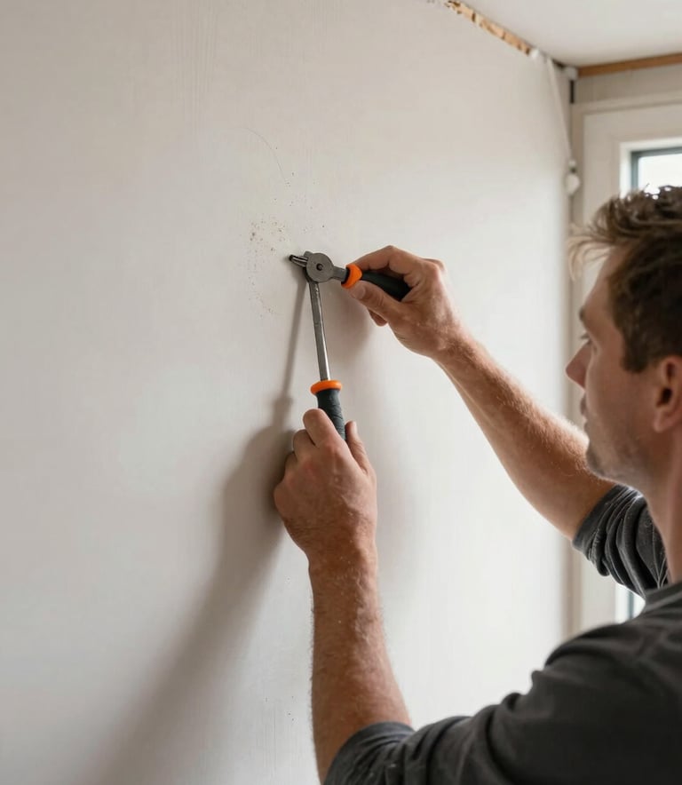 Professional photography of a craftsman working on a plasterboard wall in a Dutch home. High-quality tools visible. Sharp focus, bright daylight, Northern European setting.