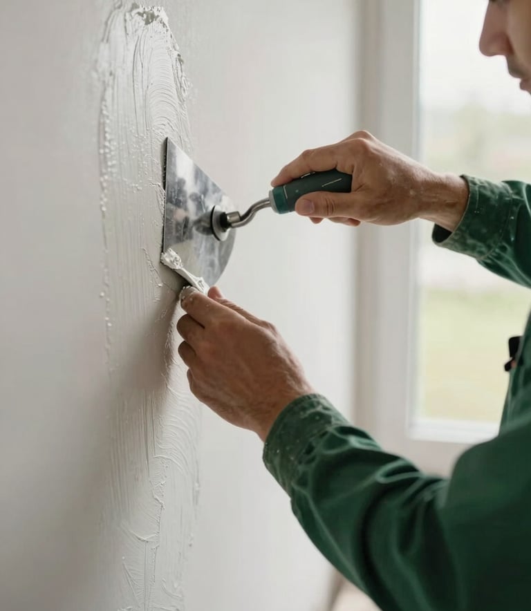 A close-up photography of a professional builder's hands using a trowel to apply a smooth finish to a wall, soft natural daylight, Northern European indoor setting, professional atmosphere with green and white tones.