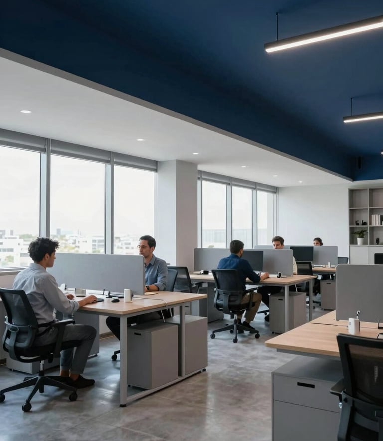 Wide shot of a modern, professional coworking space in Brazil with clean lines, minimalist furniture, and large windows. The lighting is bright and even, highlighting a serious and innovative business atmosphere with colors in dark blue and light gray.