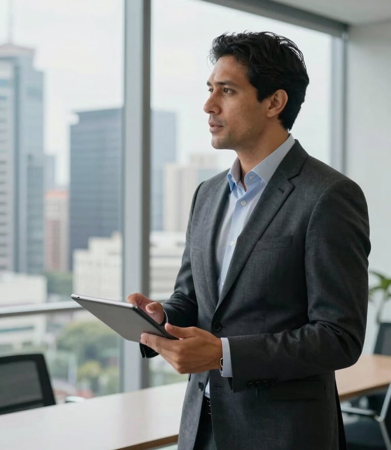 A high-end, professional photography shot of a South American / Brazilian consultant in a sharp charcoal suit presenting a strategy on a tablet in a bright, glass-walled office with a view of a modern skyline. The scene is lit with clean, natural morning light, emphasizing a palette of dark blue and slate gray.