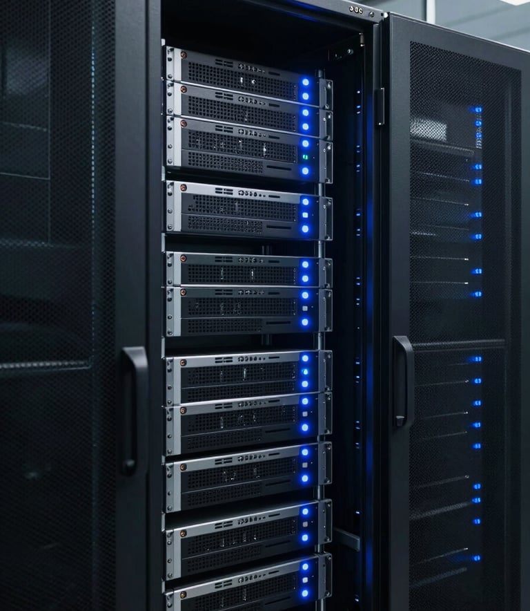 A sleek and modern server rack in a secure data center with soft blue status lights. The composition is professional and orderly, suggesting high-end technological infrastructure in a South American / Brazilian facility.