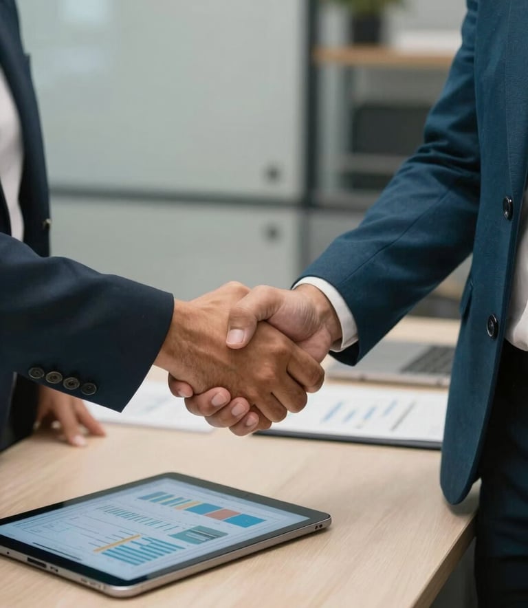 A close-up photograph of two professionals in a South American / Brazilian office shaking hands across a clean desk. One is wearing a deep teal blazer. On the table, there is a tablet showing clear financial charts. The atmosphere is warm and professional, emphasizing a family-style trust and partnership.