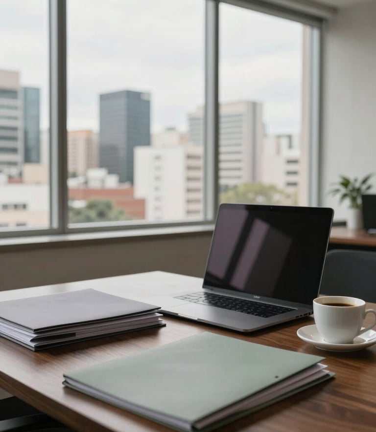 A professional office setting in a modern South American / Brazilian building. Through the window, a clean urban skyline is visible. The desk is made of dark wood and features a high-end laptop, a cup of coffee, and some neatly stacked folders in soft gray and muted sage colors. The lighting is bright and natural.