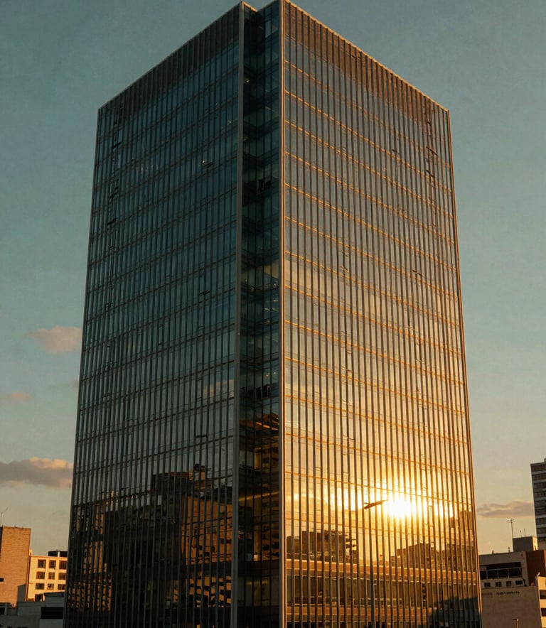 A modern commercial building with glass facades in a South American / Brazilian city at sunset. The lighting is warm and golden, reflecting off the windows, with a sky in deep forest green and soft blue tones.