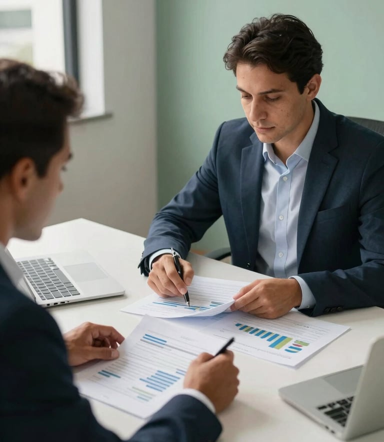 Two professionals in a South American / Brazilian corporate setting reviewing financial reports on a clean desk. The lighting is natural and bright, with accents of muted sage green in the office decor.