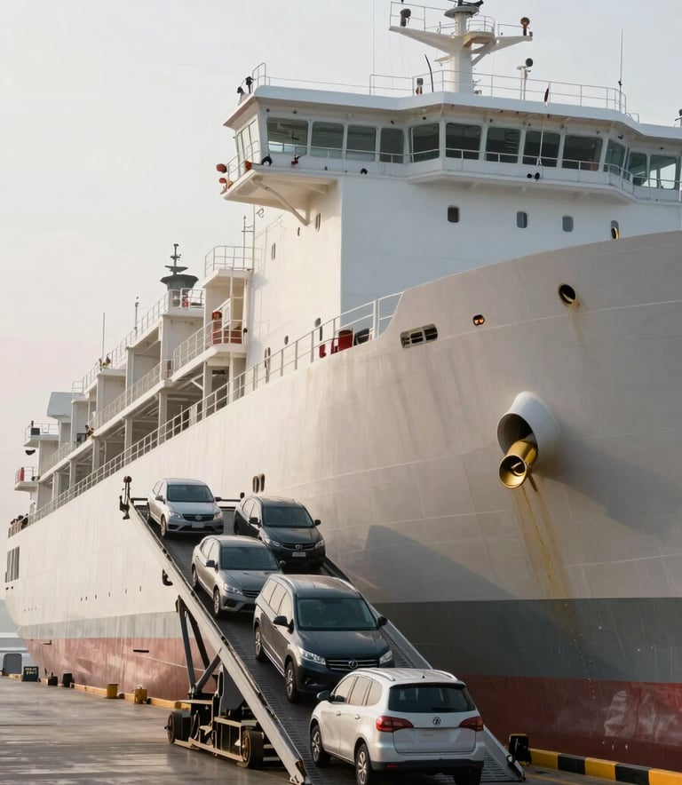 A large Ro-Ro vessel at a port with high-end vehicles being driven up a ramp, captured in bright, natural mist white light during the morning.