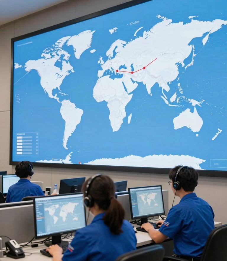 A professional customer support center for a shipping line, with staff in ocean blue uniforms looking at large digital displays showing global shipping routes in mist white and sky blue.