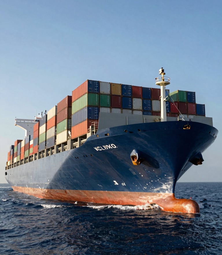 A majestic cargo ship carrying rows of colorful containers, moving through a Deep Navy ocean under a clear Soft Azure sky. The lighting is bright and crisp morning sun, highlighting the massive scale and reliability of the vessel. The composition is a low-angle shot from the water, looking up at the bow.