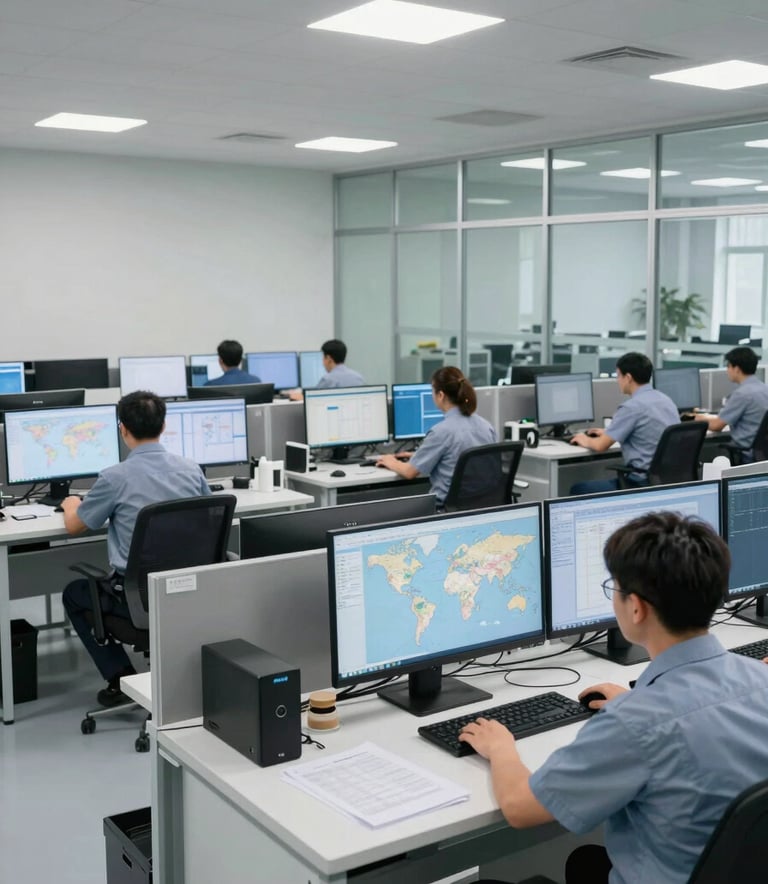 A wide-angle photograph of a modern, clean logistics operations center. Professional staff in Steel Blue uniforms are visible in the background, working at desks with large monitors displaying global maps. The room is brightly lit with Pale Mist walls and sleek glass partitions, reflecting a mood of efficiency and reliability.