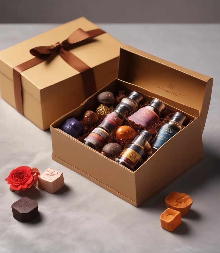 A pastel-toned romantic gift box with delicate ribbons and soft floral decorations